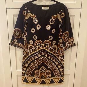 Skirtin Around New Canaan black tan geometric print silk Shift 3/4 sleeve S